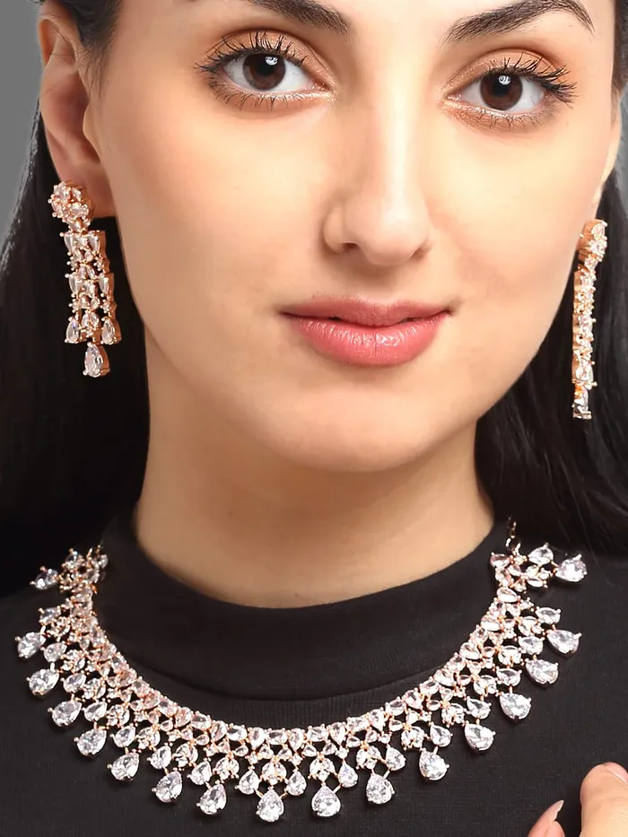Yellow Chimes Earrings Yellow Chimes American Diamond Necklace Set For Women White Stone Rose Gold Jewellery Set For Women Diamond Necklace Set Birthday Gift for Girls Anniversary Gift for Wife