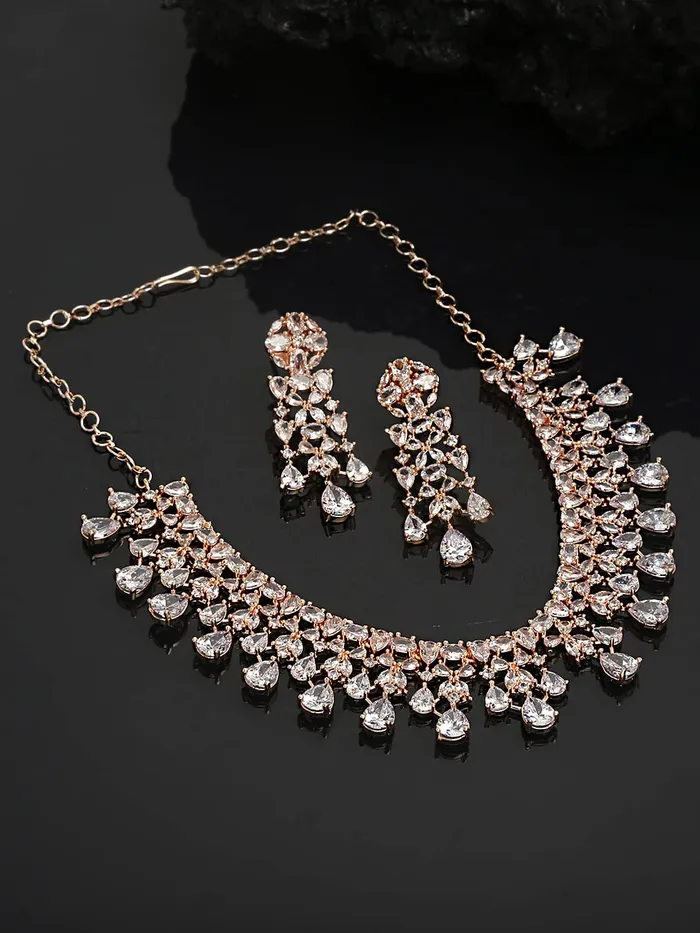 Yellow Chimes Earrings Yellow Chimes American Diamond Necklace Set For Women White Stone Rose Gold Jewellery Set For Women Diamond Necklace Set Birthday Gift for Girls Anniversary Gift for Wife