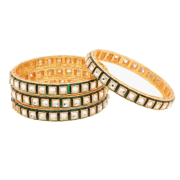 Yellow Chimes Earrings Yellow Chimes Classic Design White Kundan Studded 4 PCs Traditional Gold Plated Bangles Set for Women and Girls 24