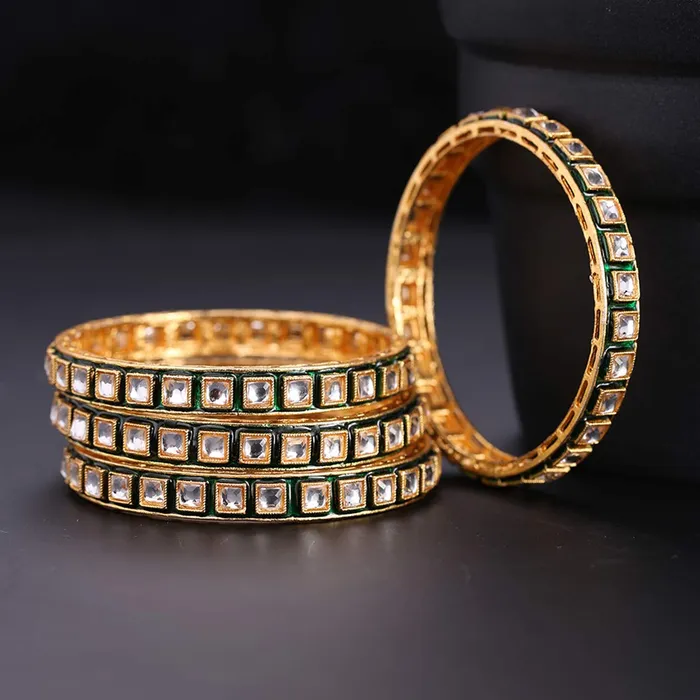 Yellow Chimes Earrings Yellow Chimes Classic Design White Kundan Studded 4 PCs Traditional Gold Plated Bangles Set for Women and Girls 24