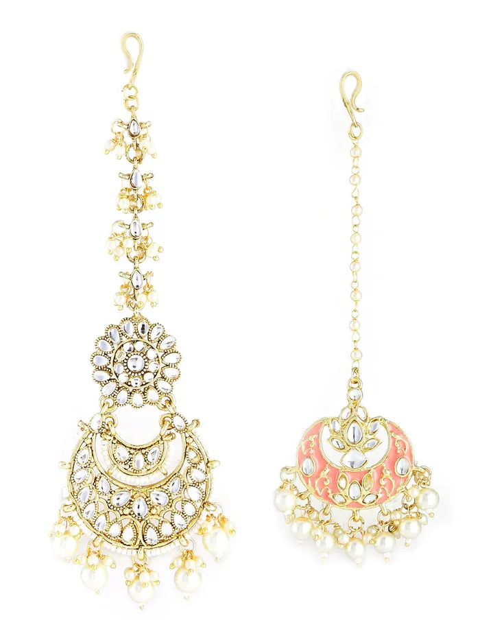 Yellow Chimes Earrings Yellow Chimes Combo of 3 PCs Traditional Gold Plated Kundan Studded Beads Design Ethnic Maang Tikka for Women and Girls Design 7