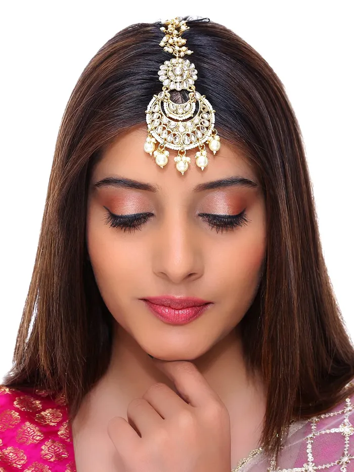 Yellow Chimes Earrings Yellow Chimes Combo of 3 PCs Traditional Gold Plated Kundan Studded Beads Design Ethnic Maang Tikka for Women and Girls Design 7