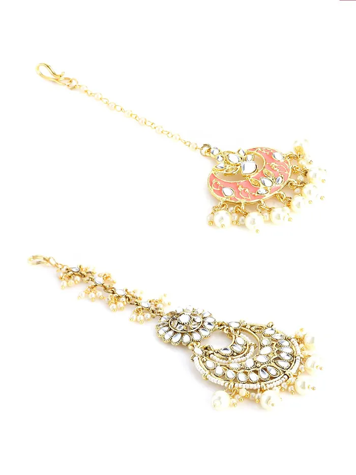 Yellow Chimes Earrings Yellow Chimes Combo of 3 PCs Traditional Gold Plated Kundan Studded Beads Design Ethnic Maang Tikka for Women and Girls Design 7
