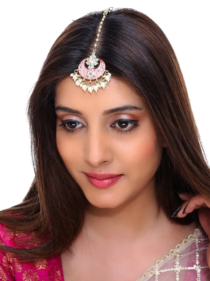 Yellow Chimes Earrings Yellow Chimes Combo of 3 PCs Traditional Gold Plated Kundan Studded Beads Design Ethnic Maang Tikka for Women and Girls Design 7
