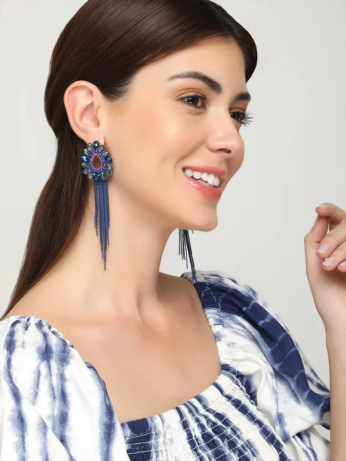 Yellow Chimes Earrings Yellow Chimes Crystal Danglers Earrings for Women Tear Drop Shaped Crystal Blue Long Chain Dangler Earrings for Women and Girls