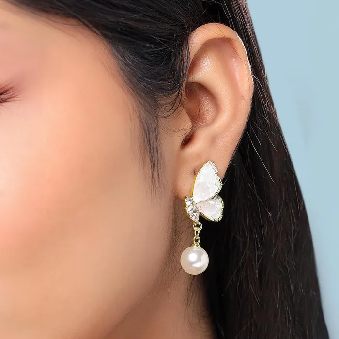 Yellow Chimes Earrings Yellow Chimes Earrings for Women and Girls Fashion White Drop earrings Gold Plated Crystal Butterfly Pearl Drop Earrings Birthday Gift for Girls and Women Anniversary Gift for Wife