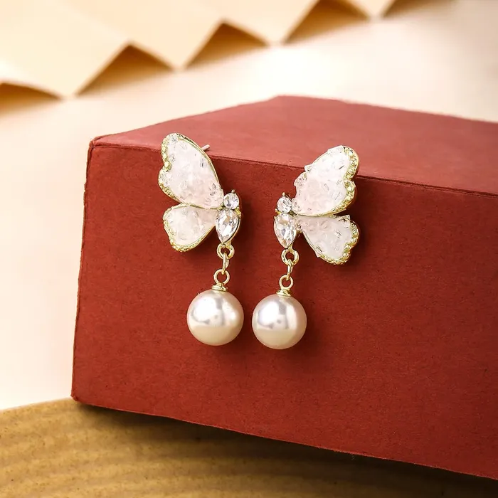 Yellow Chimes Earrings Yellow Chimes Earrings for Women and Girls Fashion White Drop earrings Gold Plated Crystal Butterfly Pearl Drop Earrings Birthday Gift for Girls and Women Anniversary Gift for Wife