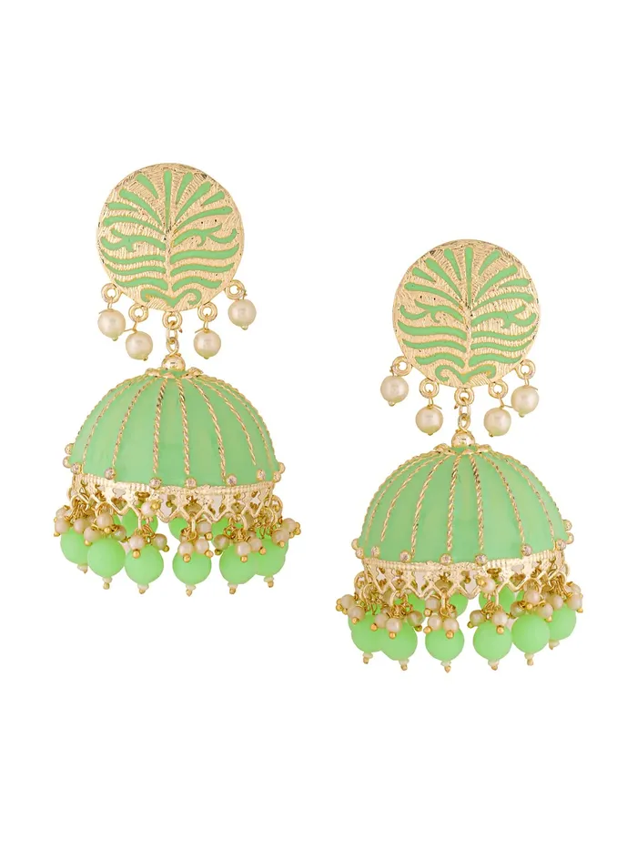 Yellow Chimes Earrings Yellow Chimes Earrings for Women Gold Toned Pearl Drop Green Meenakari Jhumka Earrings for Women and Girls