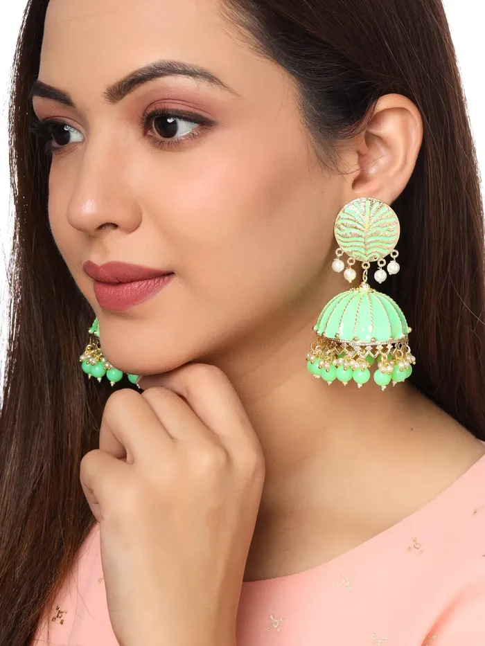 Yellow Chimes Earrings Yellow Chimes Earrings for Women Gold Toned Pearl Drop Green Meenakari Jhumka Earrings for Women and Girls