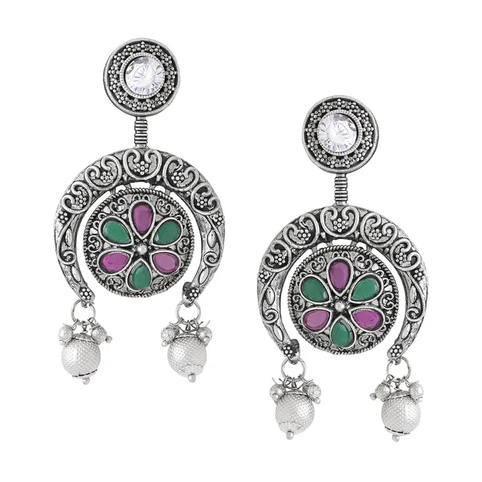 Yellow Chimes Earrings Yellow Chimes Earrings for Women Silver Oxidised Stone Studded Semi Round Drop Designed Earrings for Women and Girls