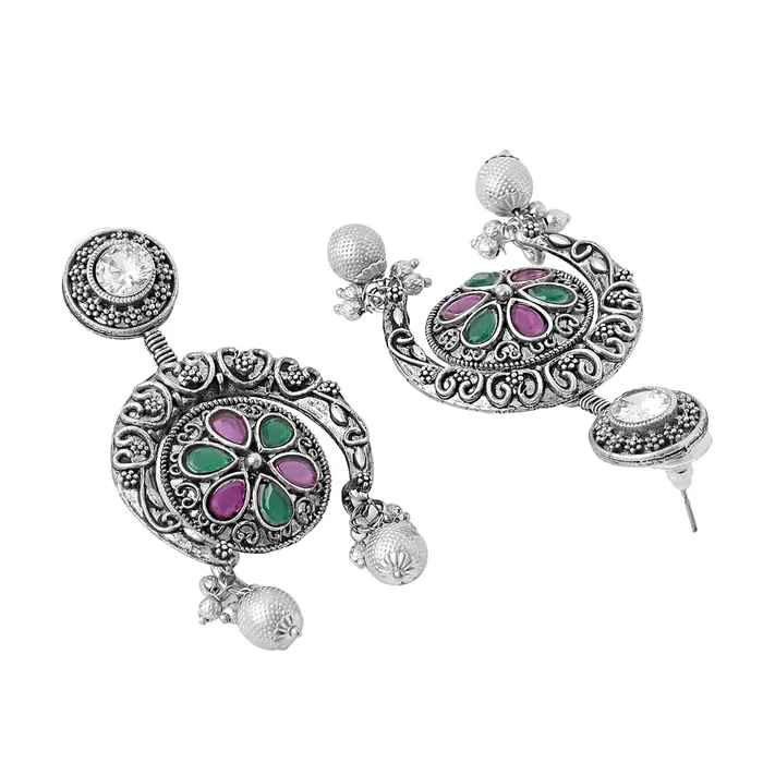 Yellow Chimes Earrings Yellow Chimes Earrings for Women Silver Oxidised Stone Studded Semi Round Drop Designed Earrings for Women and Girls