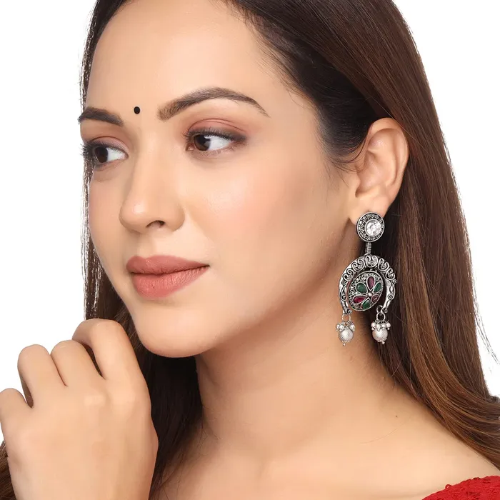 Yellow Chimes Earrings Yellow Chimes Earrings for Women Silver Oxidised Stone Studded Semi Round Drop Designed Earrings for Women and Girls