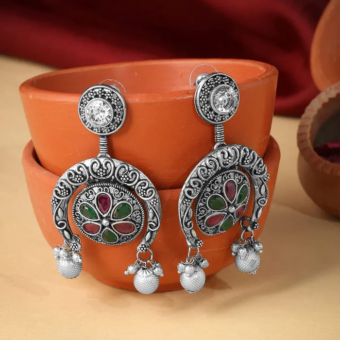 Yellow Chimes Earrings Yellow Chimes Earrings for Women Silver Oxidised Stone Studded Semi Round Drop Designed Earrings for Women and Girls