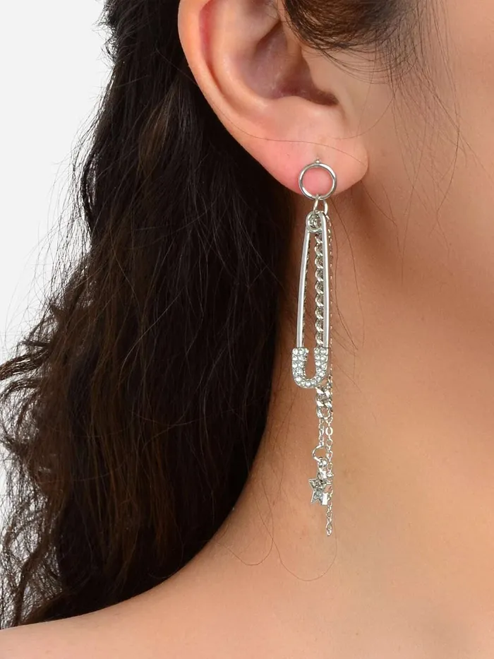 Yellow Chimes Earrings Yellow Chimes Earrings For Women Silver Tone Circle Stud With Crystal Tassel Chain Stars Hanging Drop Danglers Earrings For Women and Girls