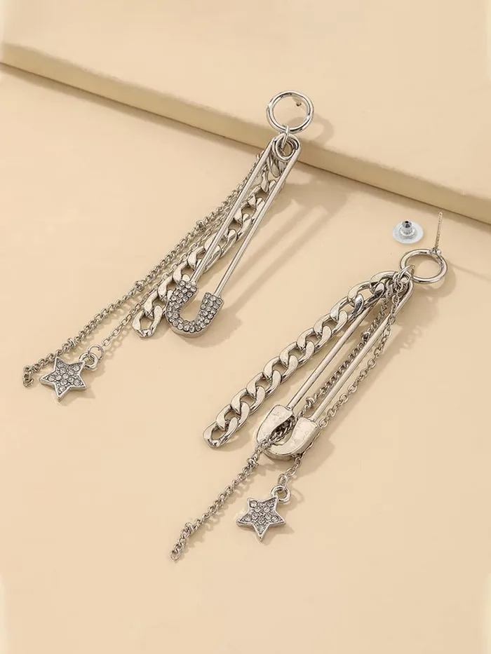 Yellow Chimes Earrings Yellow Chimes Earrings For Women Silver Tone Circle Stud With Crystal Tassel Chain Stars Hanging Drop Danglers Earrings For Women and Girls