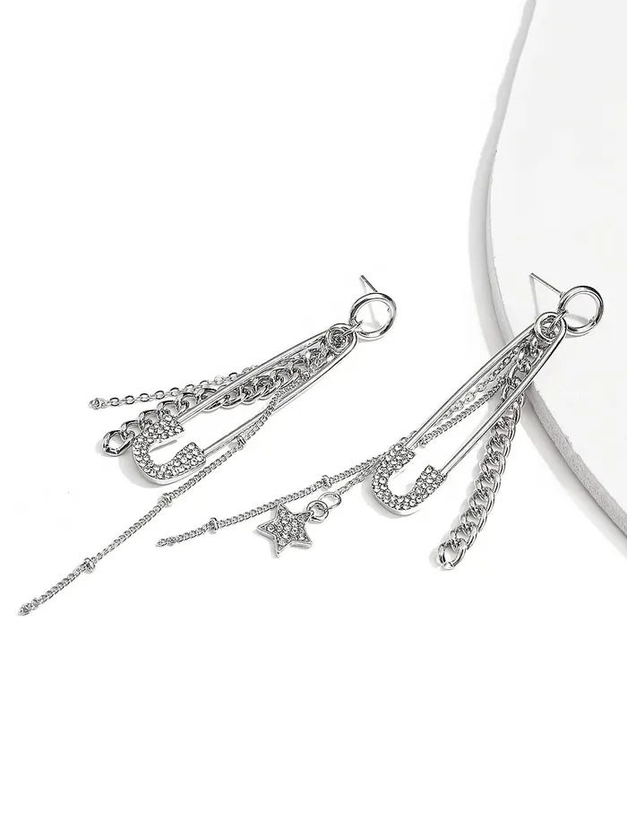 Yellow Chimes Earrings Yellow Chimes Earrings For Women Silver Tone Circle Stud With Crystal Tassel Chain Stars Hanging Drop Danglers Earrings For Women and Girls
