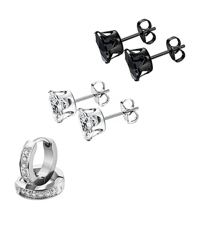Yellow Chimes Earrings Yellow Chimes Elegant Latest Fashion Combo of Three pairs Stainless Steel Crystal Silver Black Studs Hoops Earrings for Women and Girls Medium YCFJER405CRYSHBNDL