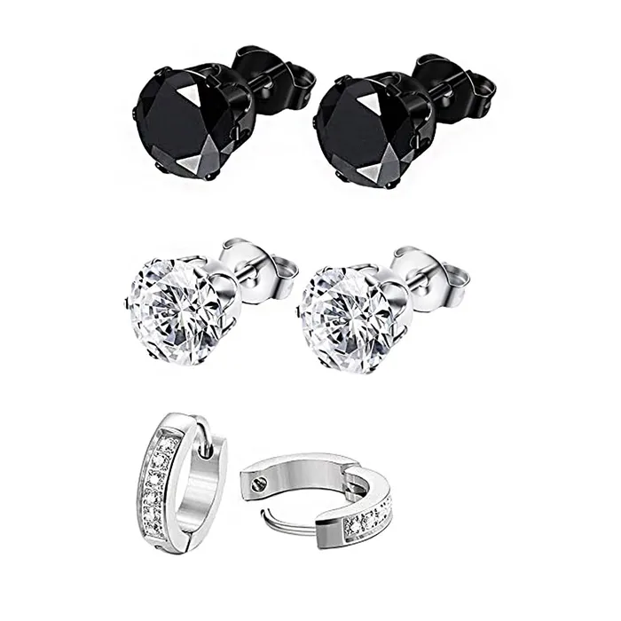 Yellow Chimes Earrings Yellow Chimes Elegant Latest Fashion Combo of Three pairs Stainless Steel Crystal Silver Black Studs Hoops Earrings for Women and Girls Medium YCFJER405CRYSHBNDL