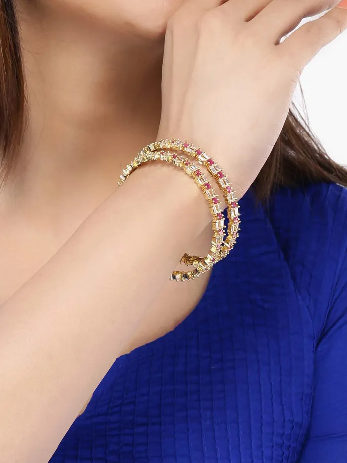 Yellow Chimes Earrings Yellow Chimes Elegant Set of 2 Pcs Pink ADAmerican Diamond Studded 18k Gold Plated Handcrafted Designer Bangles for Women Girls 28
