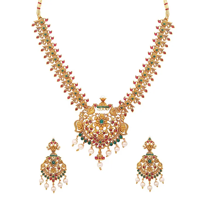 Yellow Chimes Earrings Yellow Chimes Ethnic Gold Plated Temple Jewellery Set Traditional Floral Design Choker Necklace Set for Women and Girls medium YCTJNS24TFLWPKGL