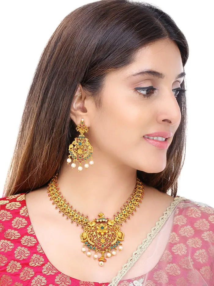 Yellow Chimes Earrings Yellow Chimes Ethnic Gold Plated Temple Jewellery Set Traditional Floral Design Choker Necklace Set for Women and Girls medium YCTJNS24TFLWPKGL