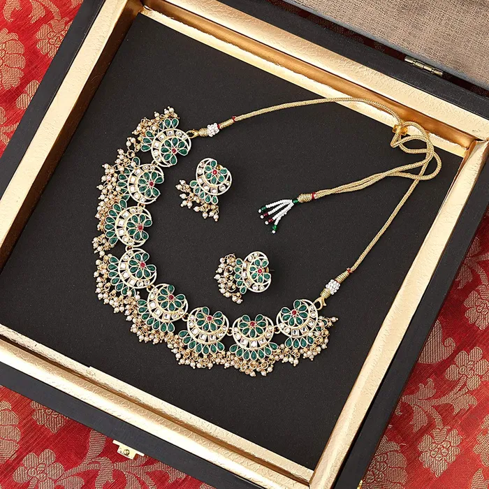 Yellow Chimes Earrings Yellow Chimes Ethnic Handcrafted Green Beads Floral Kundan Jewellery Set Gold Plated Traditional Choker Necklace Set for Women and Girls Green Gold
