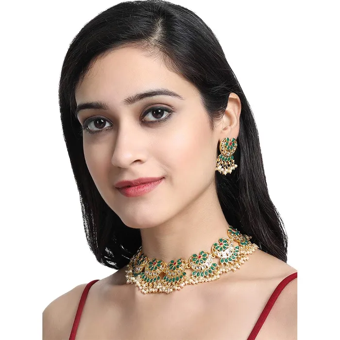 Yellow Chimes Earrings Yellow Chimes Ethnic Handcrafted Green Beads Floral Kundan Jewellery Set Gold Plated Traditional Choker Necklace Set for Women and Girls Green Gold