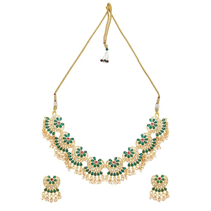 Yellow Chimes Earrings Yellow Chimes Ethnic Handcrafted Green Beads Floral Kundan Jewellery Set Gold Plated Traditional Choker Necklace Set for Women and Girls Green Gold