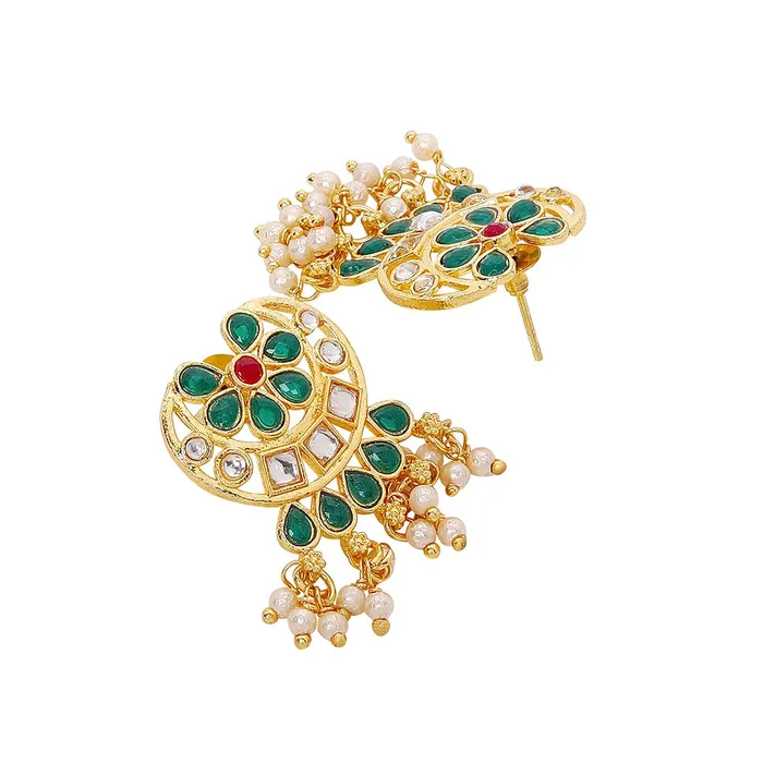 Yellow Chimes Earrings Yellow Chimes Ethnic Handcrafted Green Beads Floral Kundan Jewellery Set Gold Plated Traditional Choker Necklace Set for Women and Girls Green Gold