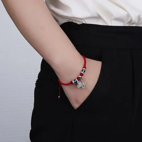 Yellow Chimes Earrings Yellow Chimes Evil Eye Bracelet for Women Combo of 3 PCs Evil Eye Beads Red Threaded Adjustable Unisex Bracelet for Men and Women