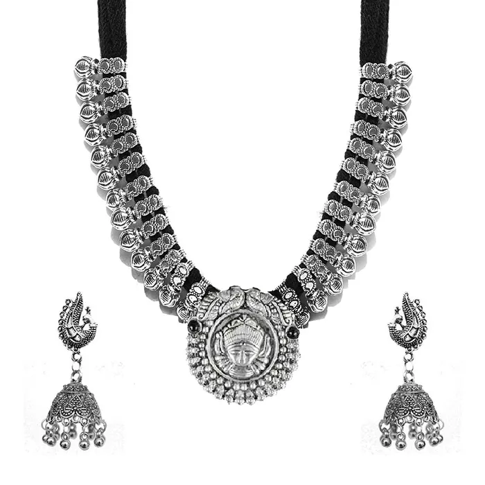 Yellow Chimes Earrings Yellow Chimes German Oxidised Silver Antique Durga Design Threader Traditional Necklace set with Peacock Jumka Earring Jewellery Set for Women and Girls