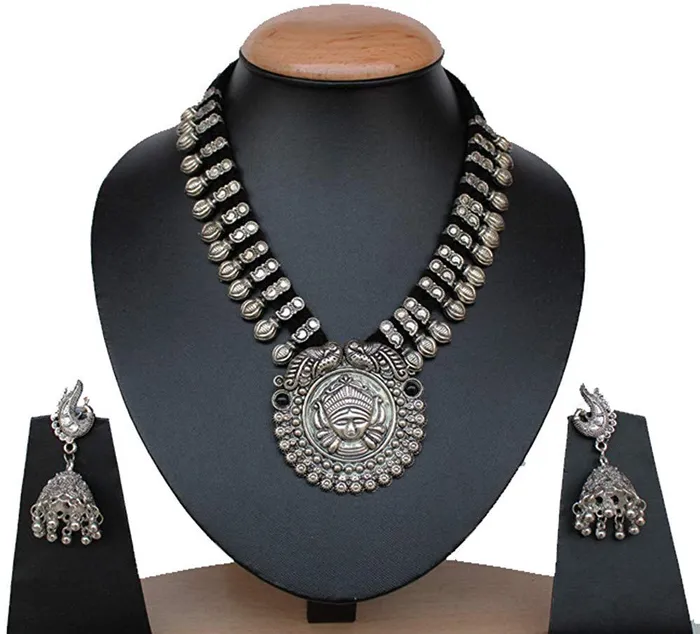 Yellow Chimes Earrings Yellow Chimes German Oxidised Silver Antique Durga Design Threader Traditional Necklace set with Peacock Jumka Earring Jewellery Set for Women and Girls