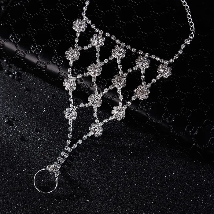 Yellow Chimes Earrings Yellow Chimes Hand Chain For Women White Crystal Studded Silver Hand Chain Link Ring For Women and Girls