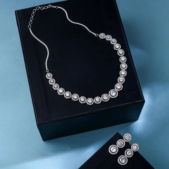 Yellow Chimes Earrings Yellow Chimes Jewellery Set for Women and Girls American Diamond Jewellery Set Silver Tone White AD Necklace Set for Women Birthday Gift for girls and women Anniversary Gift for Wife