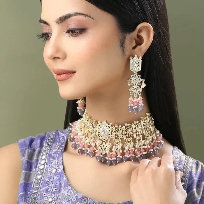 Yellow Chimes Earrings Yellow Chimes Jewellery Set for Women and Girls Traditional Kundan Necklaces Set Gold Plated Grey Beads Drop Kundan Set Birthday Gift for girls and women Anniversary Gift for Wife