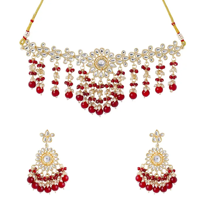 Yellow Chimes Earrings Yellow Chimes Jewellery Set for Women and Girls Traditional Kundan Necklaces Set Gold Plated Red Beads Drop Kundan Set Birthday Gift for girls and women Anniversary Gift for Wife
