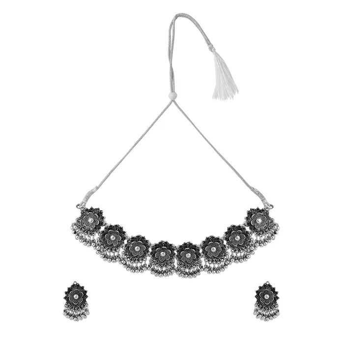 Yellow Chimes Earrings Yellow Chimes Jewellery Set for Women and Girls Traditional Silver Oxidised Jewellery Set Stone Choker Necklace Set for Women Birthday Gift For Girls and Women Anniversary Gift for Wife
