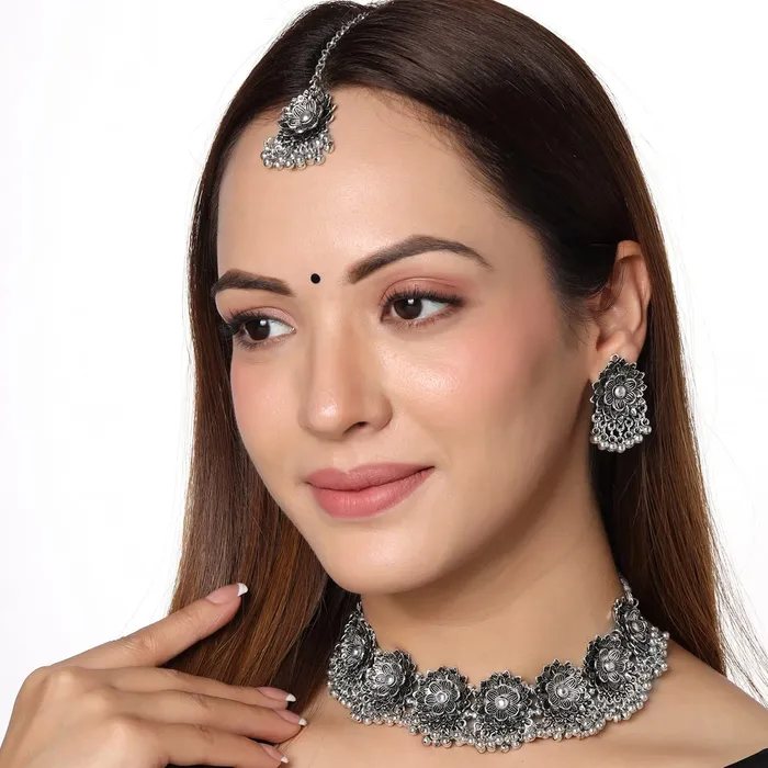 Yellow Chimes Earrings Yellow Chimes Jewellery Set for Women and Girls Traditional Silver Oxidised Jewellery Set Stone Choker Necklace Set for Women Birthday Gift For Girls and Women Anniversary Gift for Wife