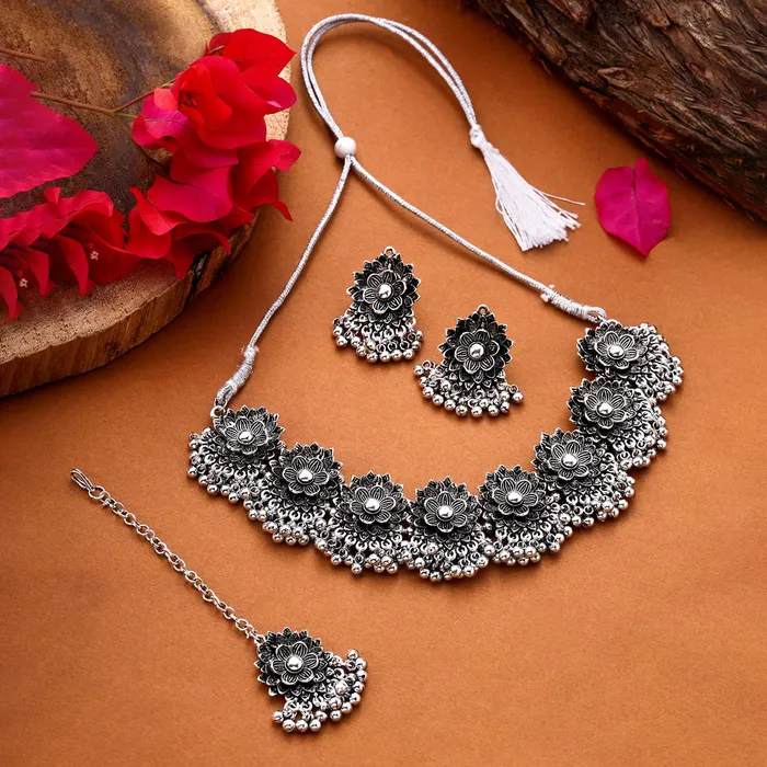 Yellow Chimes Earrings Yellow Chimes Jewellery Set for Women and Girls Traditional Silver Oxidised Jewellery Set Stone Choker Necklace Set for Women Birthday Gift For Girls and Women Anniversary Gift for Wife