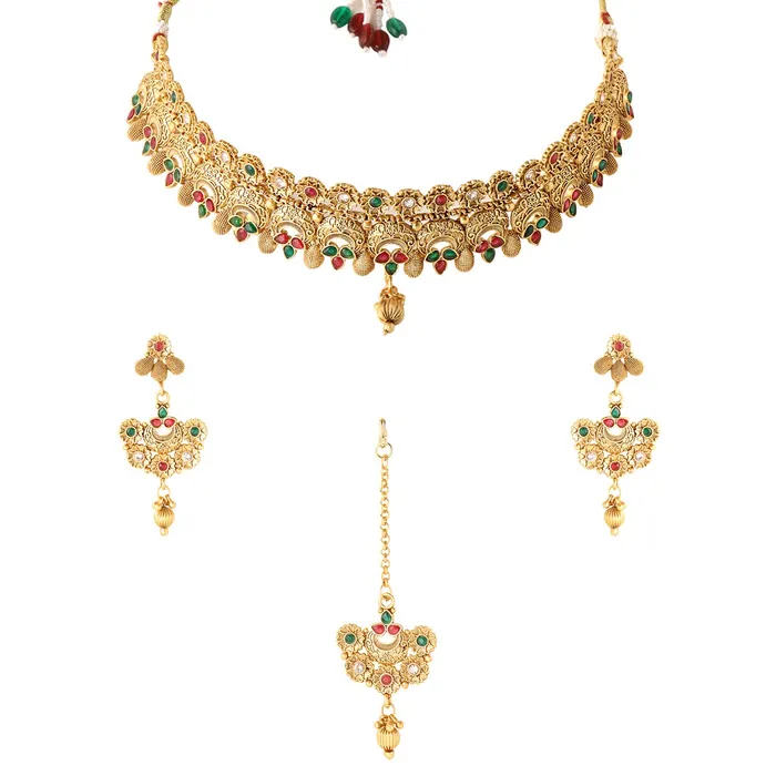 Yellow Chimes Earrings Yellow Chimes Jewellery Set For Women Gold Plated Crystal Studded Floral Designed Traditional Choker Necklace Set with Earrings and Mangtikka For Women and Girls