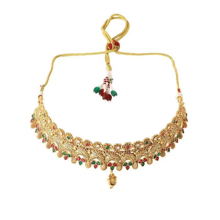 Yellow Chimes Earrings Yellow Chimes Jewellery Set For Women Gold Plated Crystal Studded Floral Designed Traditional Choker Necklace Set with Earrings and Mangtikka For Women and Girls