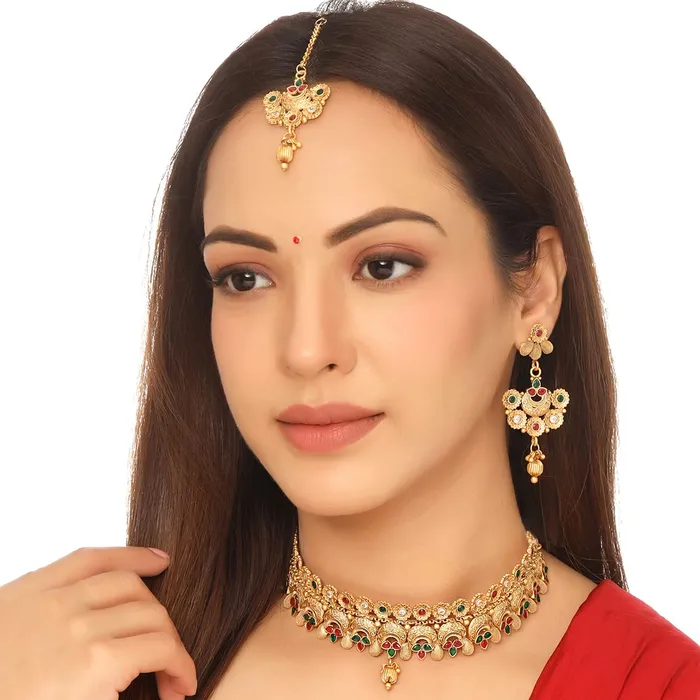 Yellow Chimes Earrings Yellow Chimes Jewellery Set For Women Gold Plated Crystal Studded Floral Designed Traditional Choker Necklace Set with Earrings and Mangtikka For Women and Girls