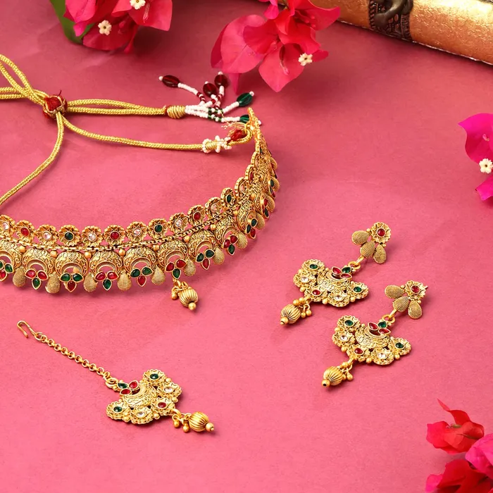 Yellow Chimes Earrings Yellow Chimes Jewellery Set For Women Gold Plated Crystal Studded Floral Designed Traditional Choker Necklace Set with Earrings and Mangtikka For Women and Girls