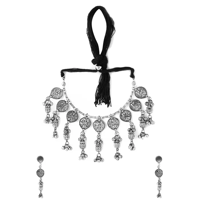 Yellow Chimes Earrings Yellow Chimes Jewellery Set For Women Silver Oxidised Floral and Leaf Shaped Fattering Adjustable Choker Necklace Set For Women and Girls