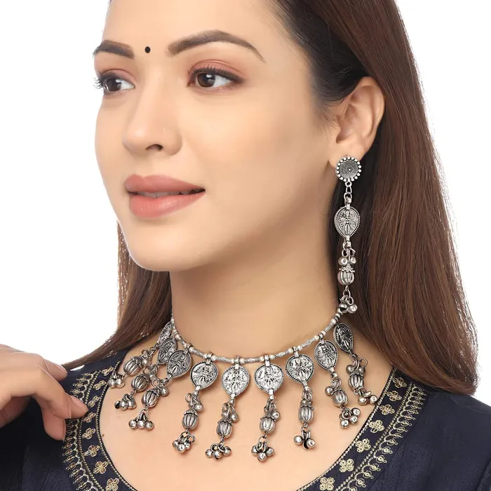 Yellow Chimes Earrings Yellow Chimes Jewellery Set For Women Silver Oxidised Floral and Leaf Shaped Fattering Adjustable Choker Necklace Set For Women and Girls
