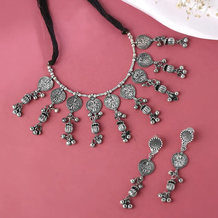 Yellow Chimes Earrings Yellow Chimes Jewellery Set For Women Silver Oxidised Floral and Leaf Shaped Fattering Adjustable Choker Necklace Set For Women and Girls