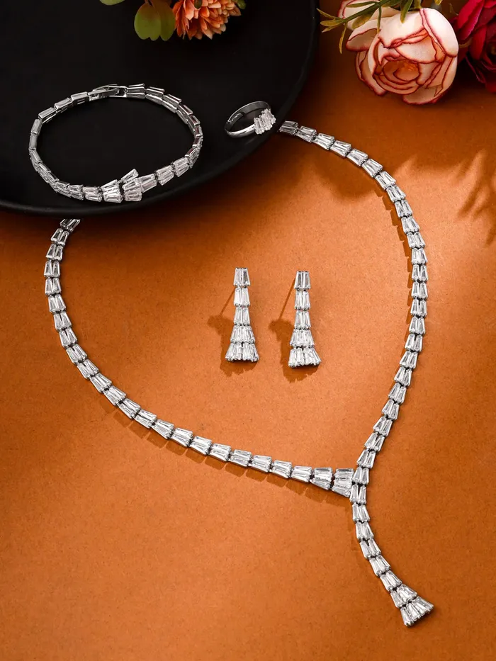 Yellow Chimes Earrings Yellow Chimes Jewellery Set for Women White Stone Necklace Set for Women Cubic Zircon Silver Diamond Jewellery Set Necklace Set With Bracelet Ring Birthday Anniversary Gift for Women