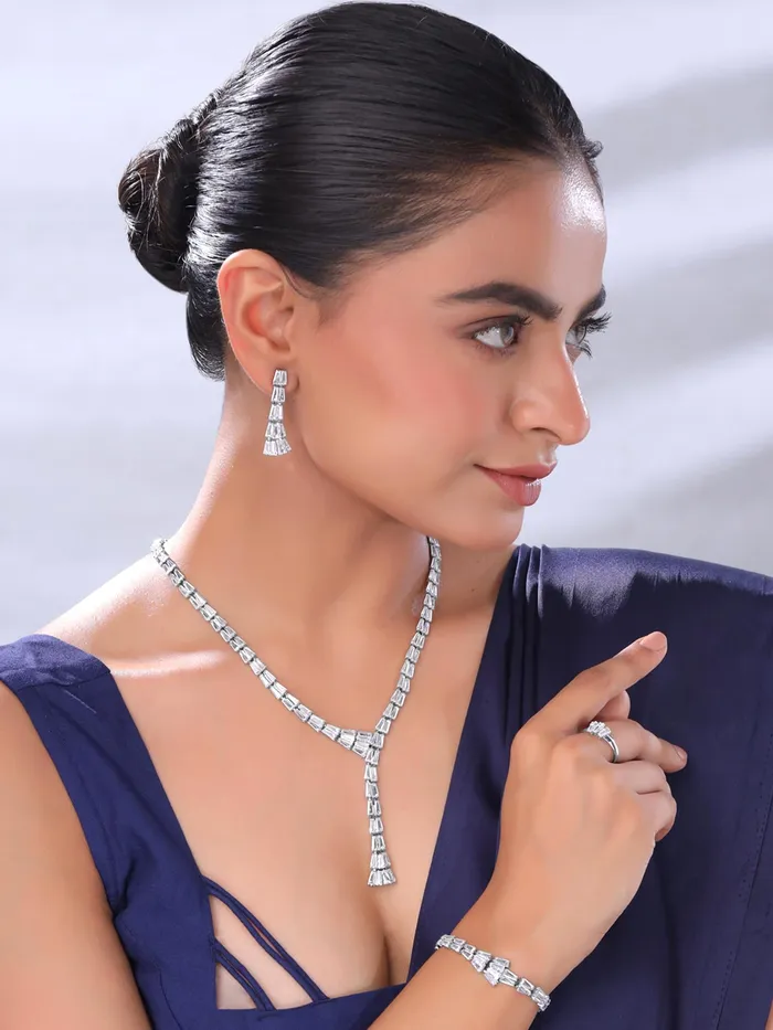 Yellow Chimes Earrings Yellow Chimes Jewellery Set for Women White Stone Necklace Set for Women Cubic Zircon Silver Diamond Jewellery Set Necklace Set With Bracelet Ring Birthday Anniversary Gift for Women