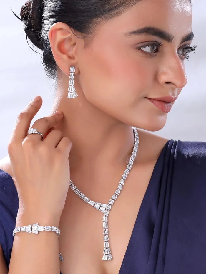 Yellow Chimes Earrings Yellow Chimes Jewellery Set for Women White Stone Necklace Set for Women Cubic Zircon Silver Diamond Jewellery Set Necklace Set With Bracelet Ring Birthday Anniversary Gift for Women