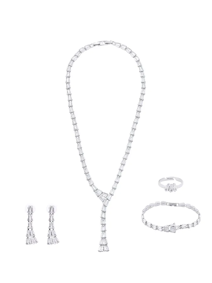 Yellow Chimes Earrings Yellow Chimes Jewellery Set for Women White Stone Necklace Set for Women Cubic Zircon Silver Diamond Jewellery Set Necklace Set With Bracelet Ring Birthday Anniversary Gift for Women